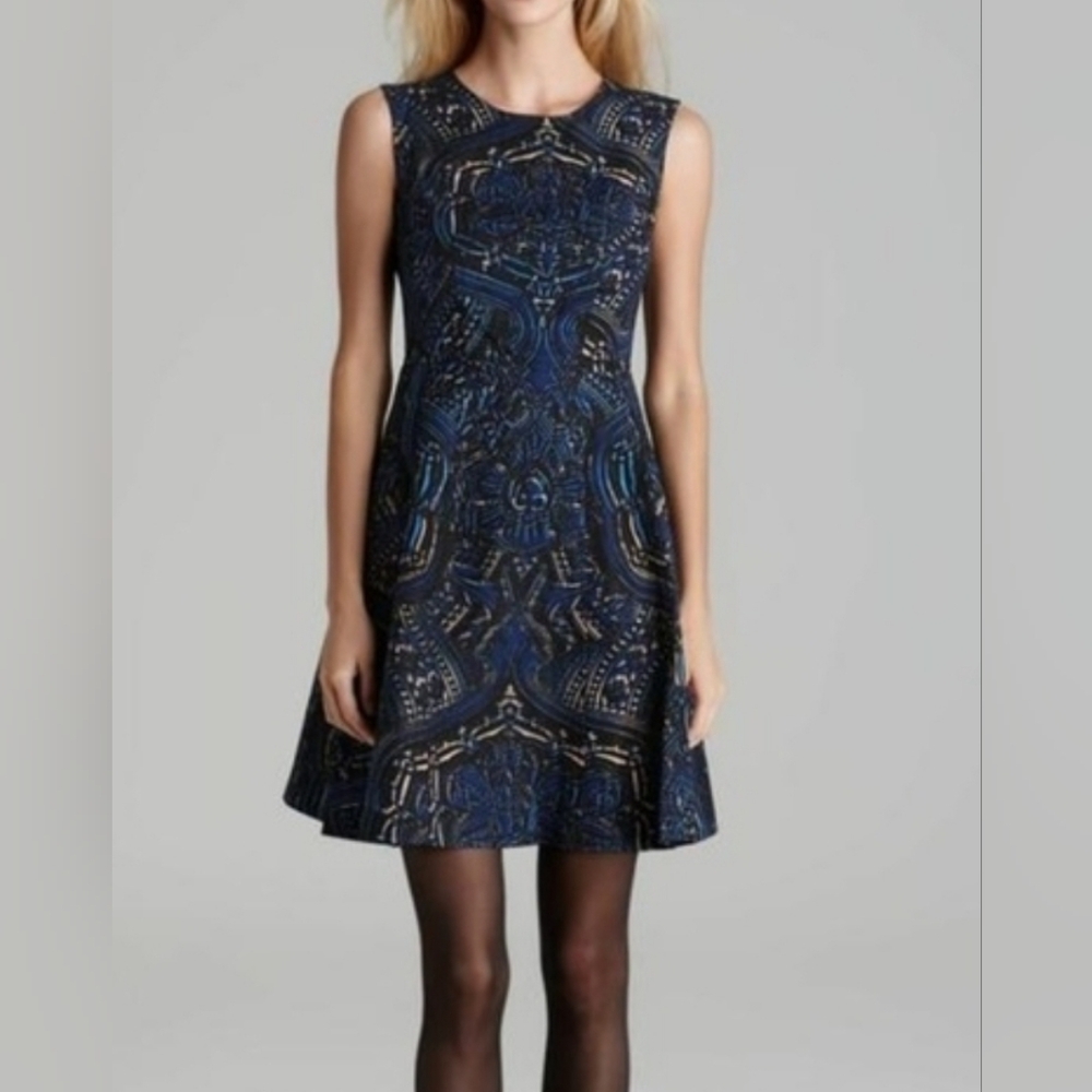 NANETTE LEPORE Silk Blend Blue Black Abstract Cocktail Dress Lined Size 6